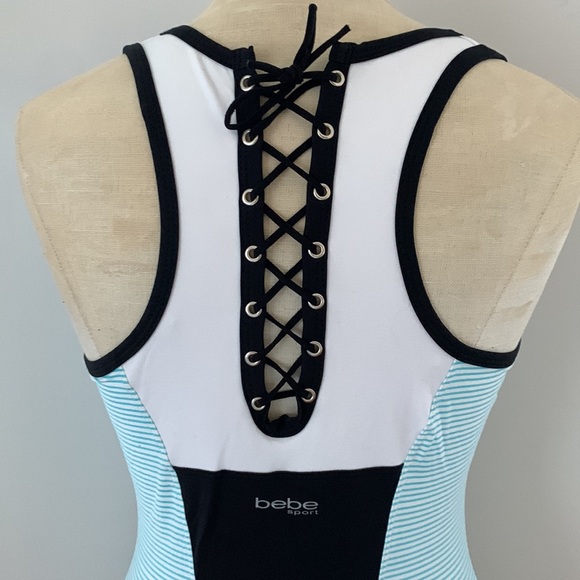 BEBE Capri blue colour blocked athletic tank, bralette, zip front & lace up back - Picture 6 of 14